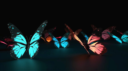 colorful glowing butterflies on a black background. Illustrationの素材