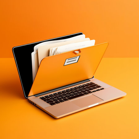 Folder in laptop on orange background. Illustrationの素材