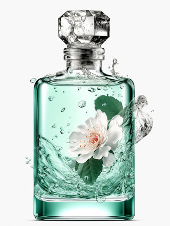 mockup with empty transparent bottle and flower or cosmetics packaging design conceptの素材