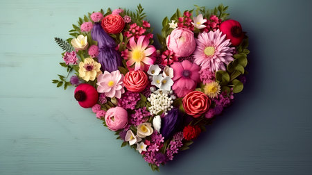 Heart made of different flowers on a gray background. Illustrationの素材