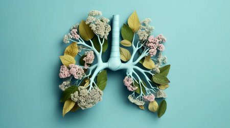 top view of flower arrangement with dried and blooming flowers near lung shaped branches on blue backgroundの素材