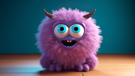 purple fluffy monster with big eyes on a blue backgroundの素材