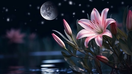 Pink lily in the night forest with moonlight. illustrationの素材