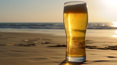 Glass of cold beer on the sea shore at the sunset. Relax on the beach.の素材