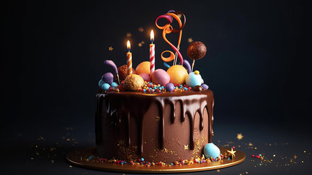 Chocolate birthday cake with decorations and candles on a dark background.の素材