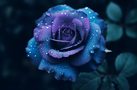 Beautiful blue rose with drops of dew on a dark backgroundの素材