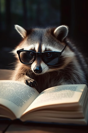 Serious raccoon reading a book. Wildlife animal, education, learning concept. Illustrationの素材