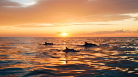 dolphins swim in the sea at sunset. Illustrationの素材