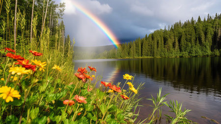 Spring and summer rural landscape with rainbow and lake. illustration.の素材