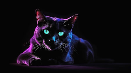 beautiful black cat in neon light on a black backgroundの素材