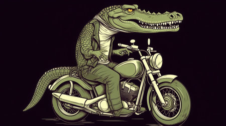 Green crocodile on a motorcycle on a black backgroundの素材