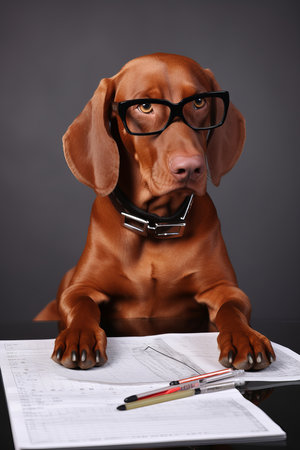 Dog accountant with glasses and documents. concept illustrationの素材