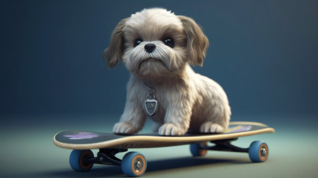 Cute little dog riding a skateboard on a blue backgroundの素材