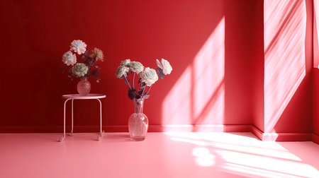 Empty red room with flowers and light from the windowの素材