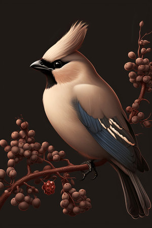The Bohemian waxwing sits on a wild branch. Waxwing, a beautiful crested birdの素材