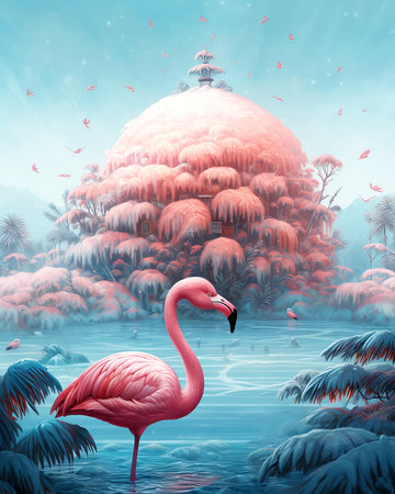 pink flamingos. tropical nature. beautiful bird. lake or river. piece of art.の素材