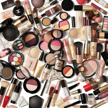 a lot of various cosmetics are scattered on the table on a white background. Generative AIの素材