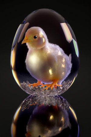 chicken in a glass egg on a dark backgroundの素材