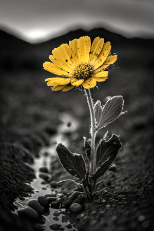 Alone yellow flower on a road. Illustrationの素材
