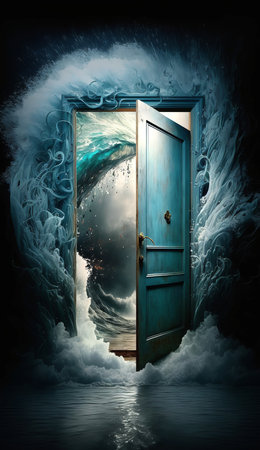 Open door with access to the sea. travel concept. illustrationの素材