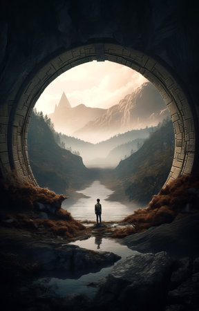 Futuristic fantasy landscape, sci-fi landscape. Portal and mountainsの素材