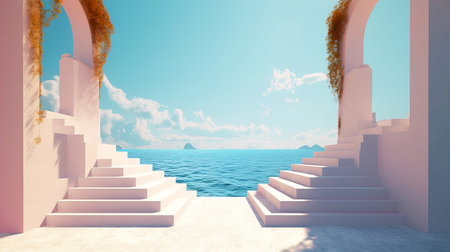 Stage with geometric shapes, arches with podium in natural daylight. seaview. summer scene. Illustrationの素材