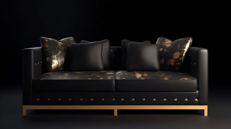 Black sofa with golden inserts on a black background. Illustrationの素材