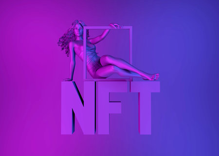 A woman investor sits on a NFT and rides to success. Investments in blockchain technology. 3D renderの素材