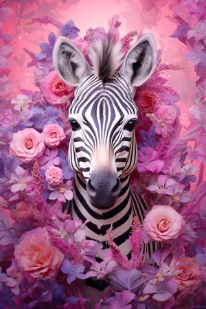 Zebra in pink flowers. Illustrationの素材