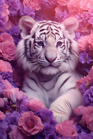 Cute little tiger in pink flowers. Illustrationの素材