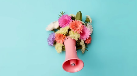 Pink megaphone with colorful summer flowers and green leaves against pastel blue background. Advertisement idea. Minimal nature concept.の素材