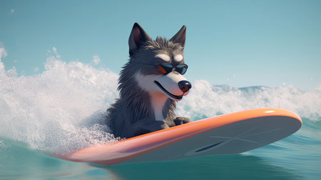 wolf in glasses is surfing. summer illustrationの素材