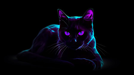beautiful black cat in neon light on a black backgroundの素材