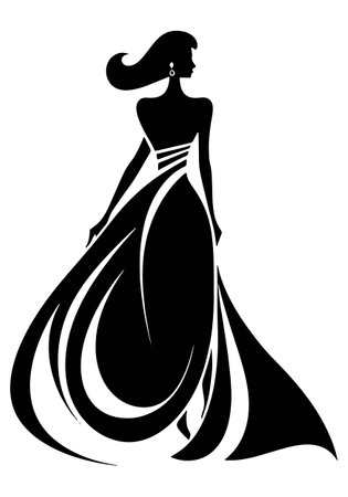 Woman in long evening dress, isolated vector silhouetteのイラスト素材