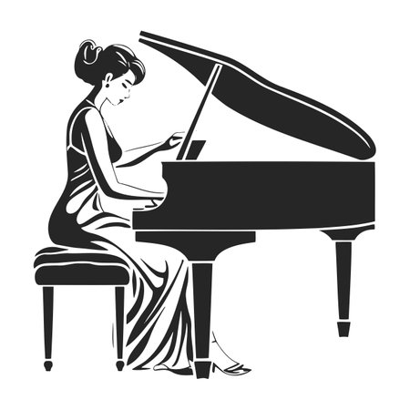 Girl Pianist playing the piano simple black vector silhouette illustration.のイラスト素材