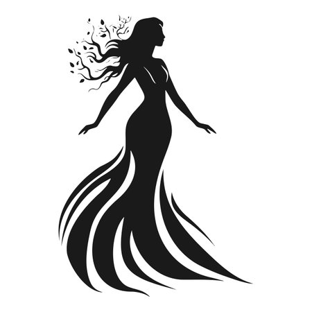 Silhouette of a girl in a long dress and branches in her hairのイラスト素材