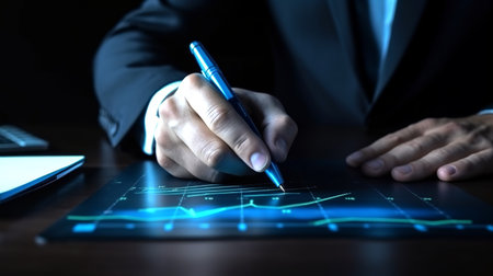 A desktop, on it a projection of a growth chart, sales, the hand of a man in a business suit holding a pen.の素材