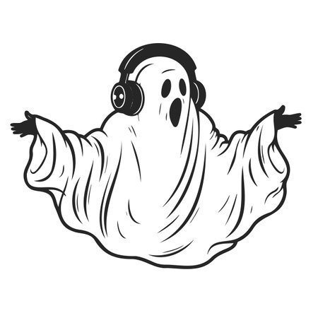Vector Cartoon Ghost in headphones Isolated On White Backgroundのイラスト素材