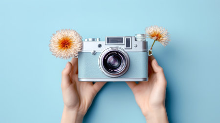 Image of hand with camera and flowerson empty blue background.の素材