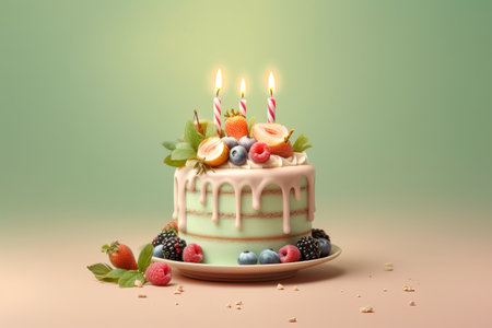 Fruit cake for a three-year birthday with fresh fruits Raspberries, strawberries, blueberries, cranberries. 3lit candles.の素材