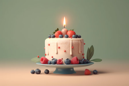 Fruit cake for a three-year birthday with fresh fruits Raspberries, strawberries, blueberries, cranberries. 3lit candles.の素材