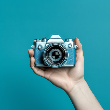 Image of hand with camera on empty blue background.の素材