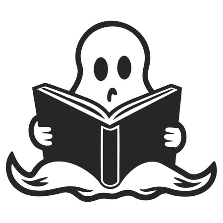 Cute Ghost read book. Draw illustration in black and whiteのイラスト素材