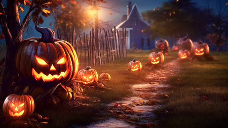 Halloween Pumpkin In A Mystic Forest At Night.の素材