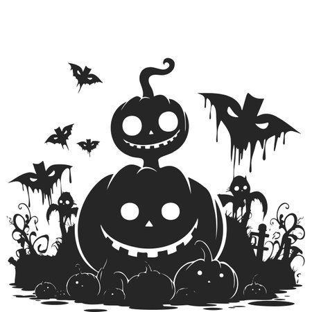 Happy Halloween illustrations pumpkins, ghosts and batsのイラスト素材