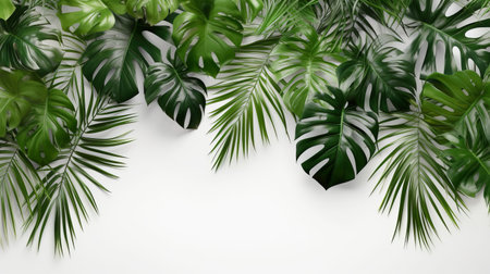tropical green leaves and palm trees with space for notes, nature flat lay concept.の素材