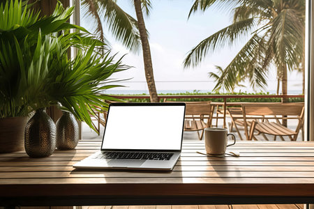 Laptop mockup with blank screen on tropical beach background.の素材