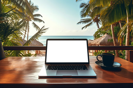 Laptop mockup with blank screen on tropical beach background.の素材