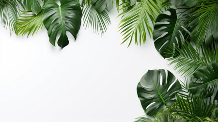 tropical green leaves and palm trees with space for notes, nature flat lay concept.の素材