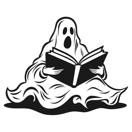 Cute Ghost read book. Draw illustration in black and whiteのイラスト素材